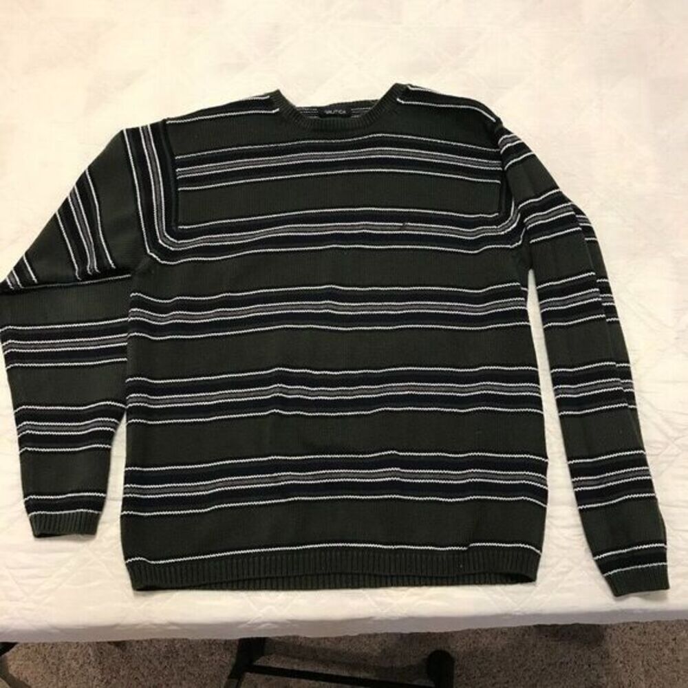 Nautica Heavy Weight green striped 100% cotton sweater XL